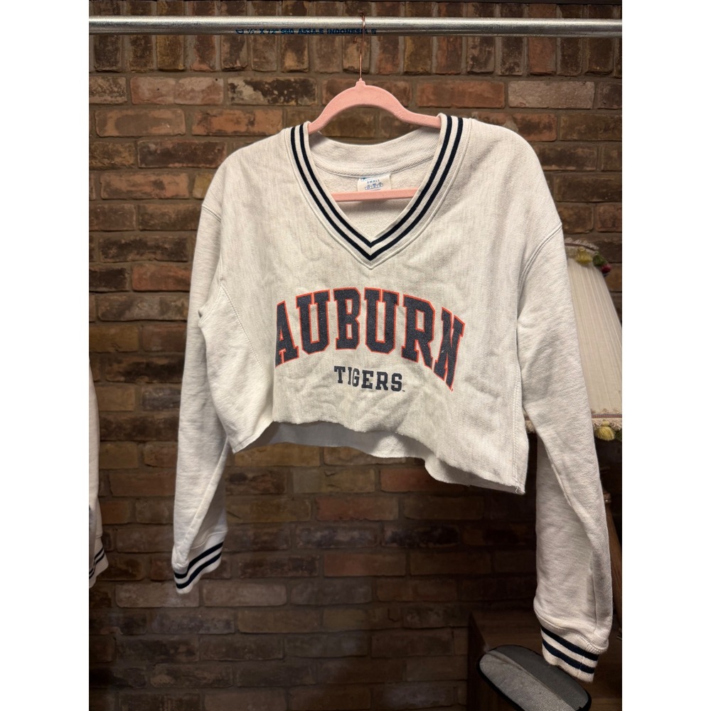 Champion Reverse Weave Auburn Tigers Cropped V-Neck Sweatshirt Gray Small